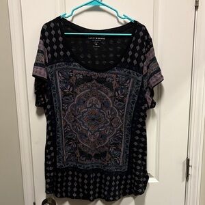 Lucky Brand Black Short Sleeve Tee with Multicolor Medallion Print 2x